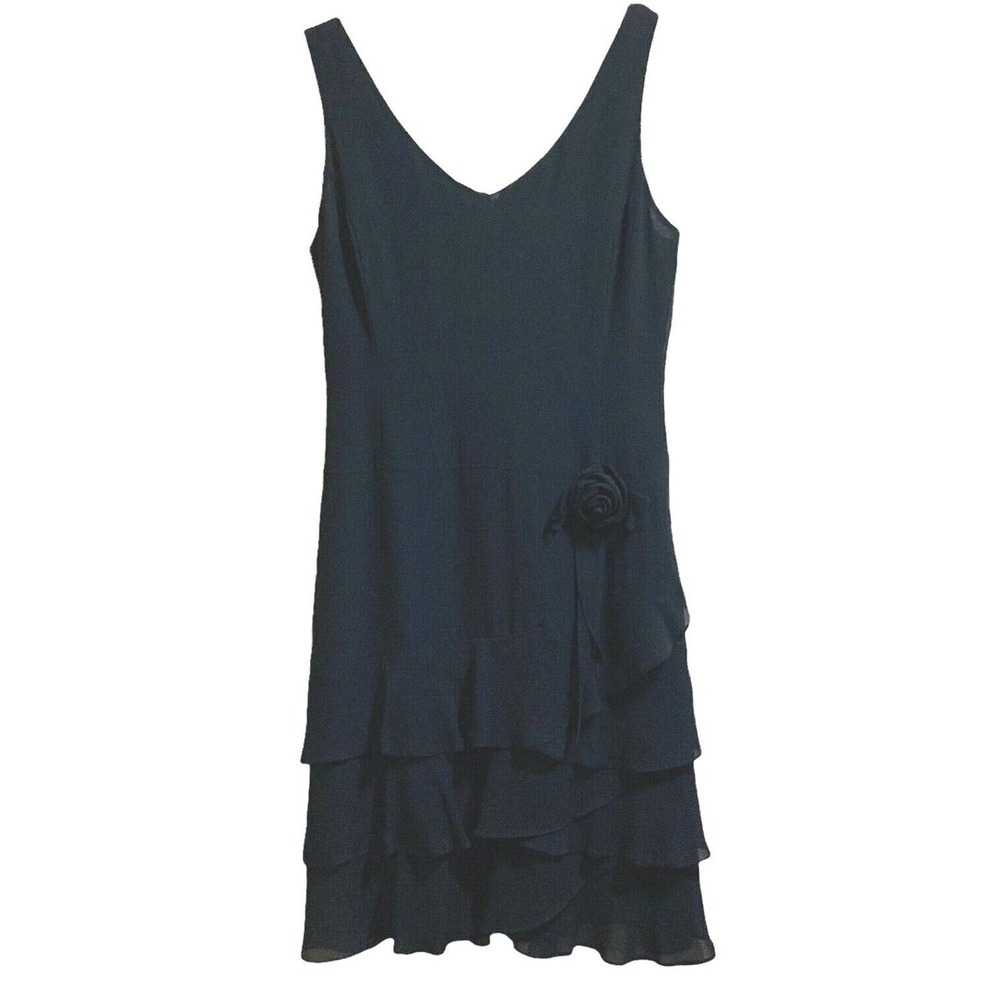 Ann Taylor Loft Sleeveless Black Dress Drop Waist Tiered Hem Flower Detail